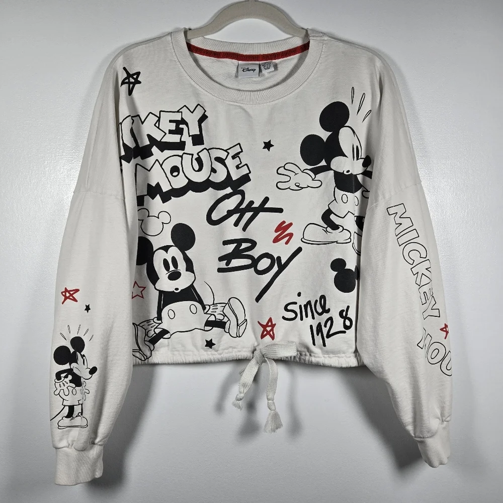 Disney Mickey Mouse Black & White Cropped Sweatshirt Size XL Oh Boy Aw Shucks